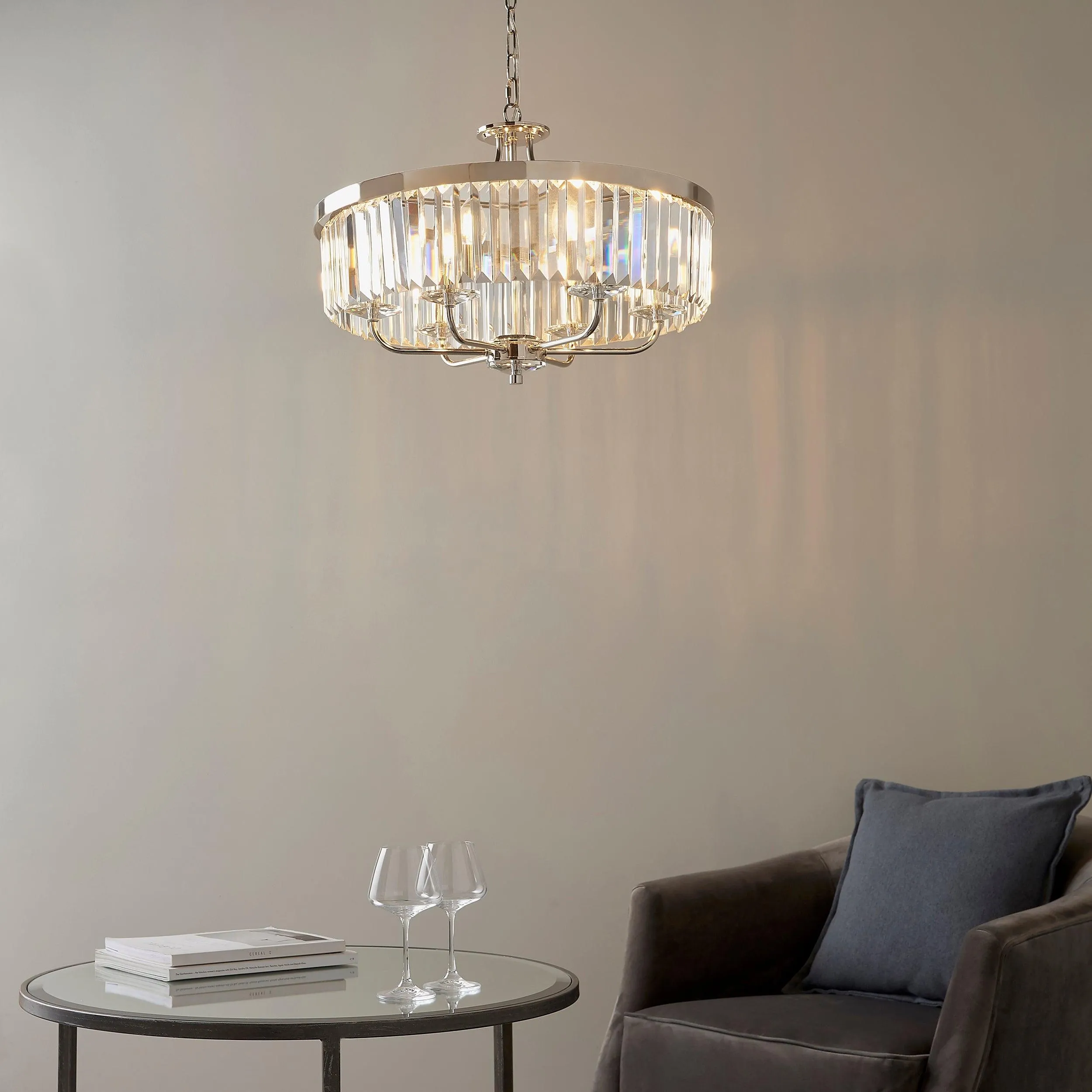 Ealing Round 6 Light Chrome & Clear Cut Glass Pendant