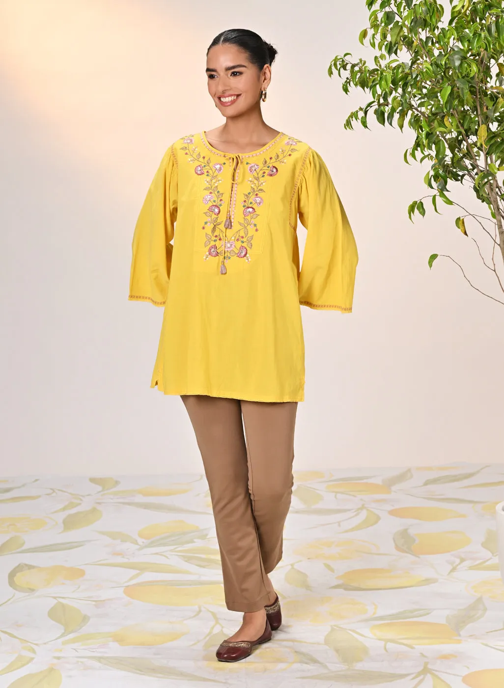 Elnaz Yellow Embroidered Top for Women