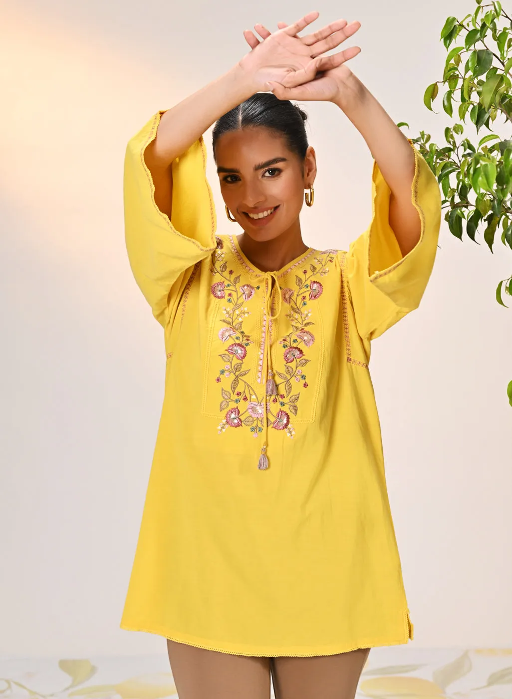 Elnaz Yellow Embroidered Top for Women