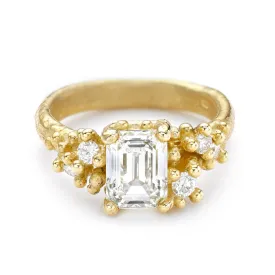 Emerald Cut Diamond Ring with Granules and White Diamonds