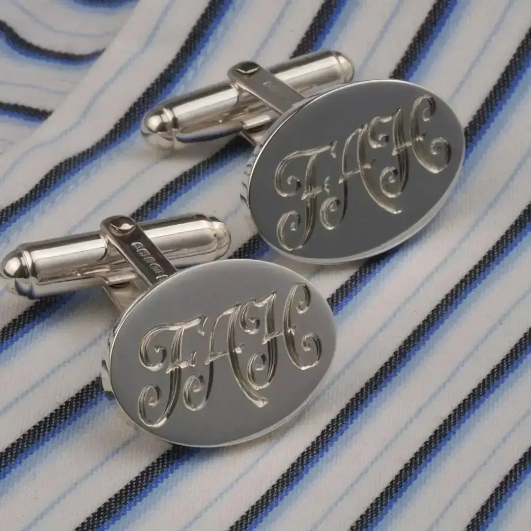 Engraved Sterling Silver Oval Swivel Torpedo Cufflinks