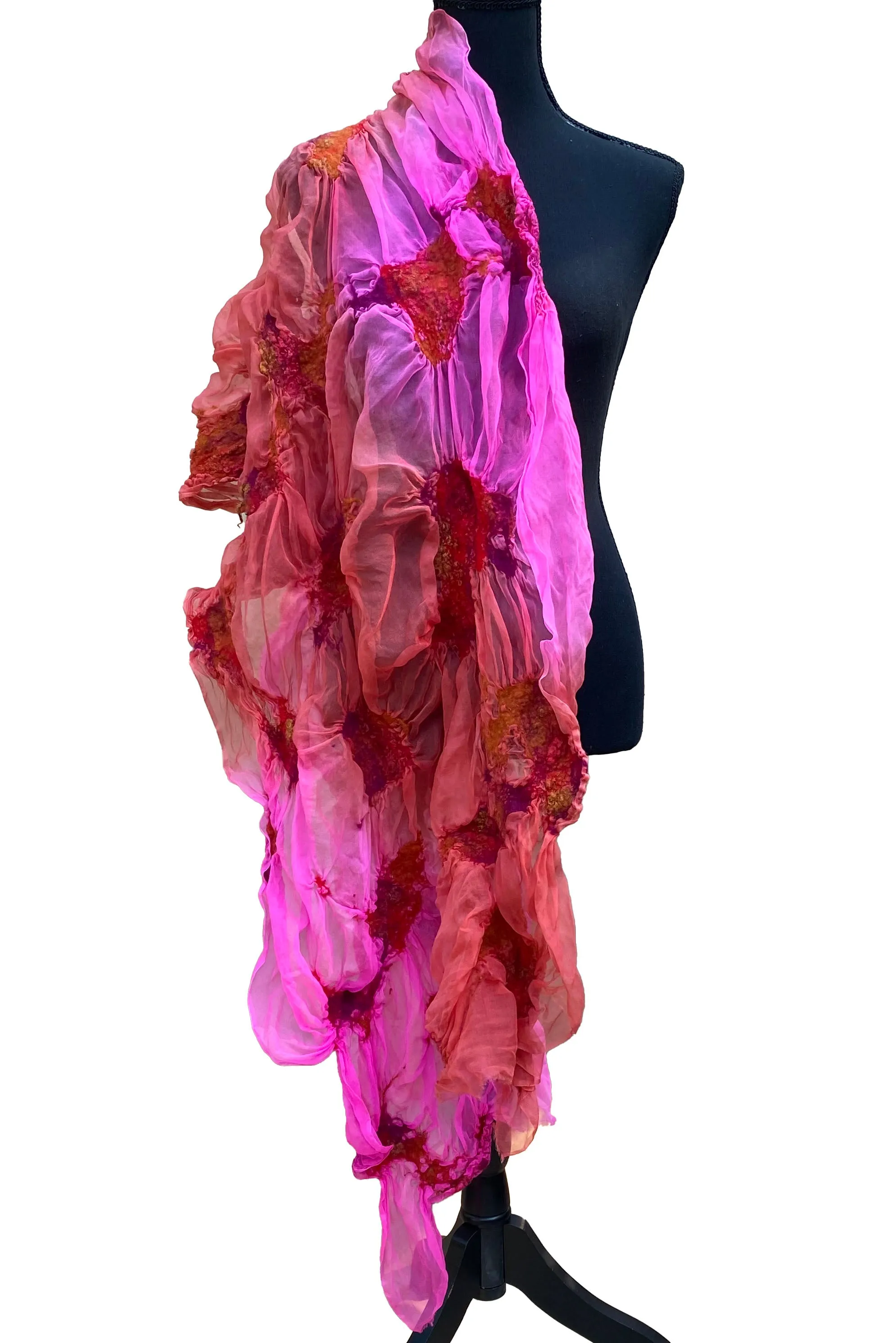 Felted Organza Shawl w/ Wallpaper Print - Pink & Orange