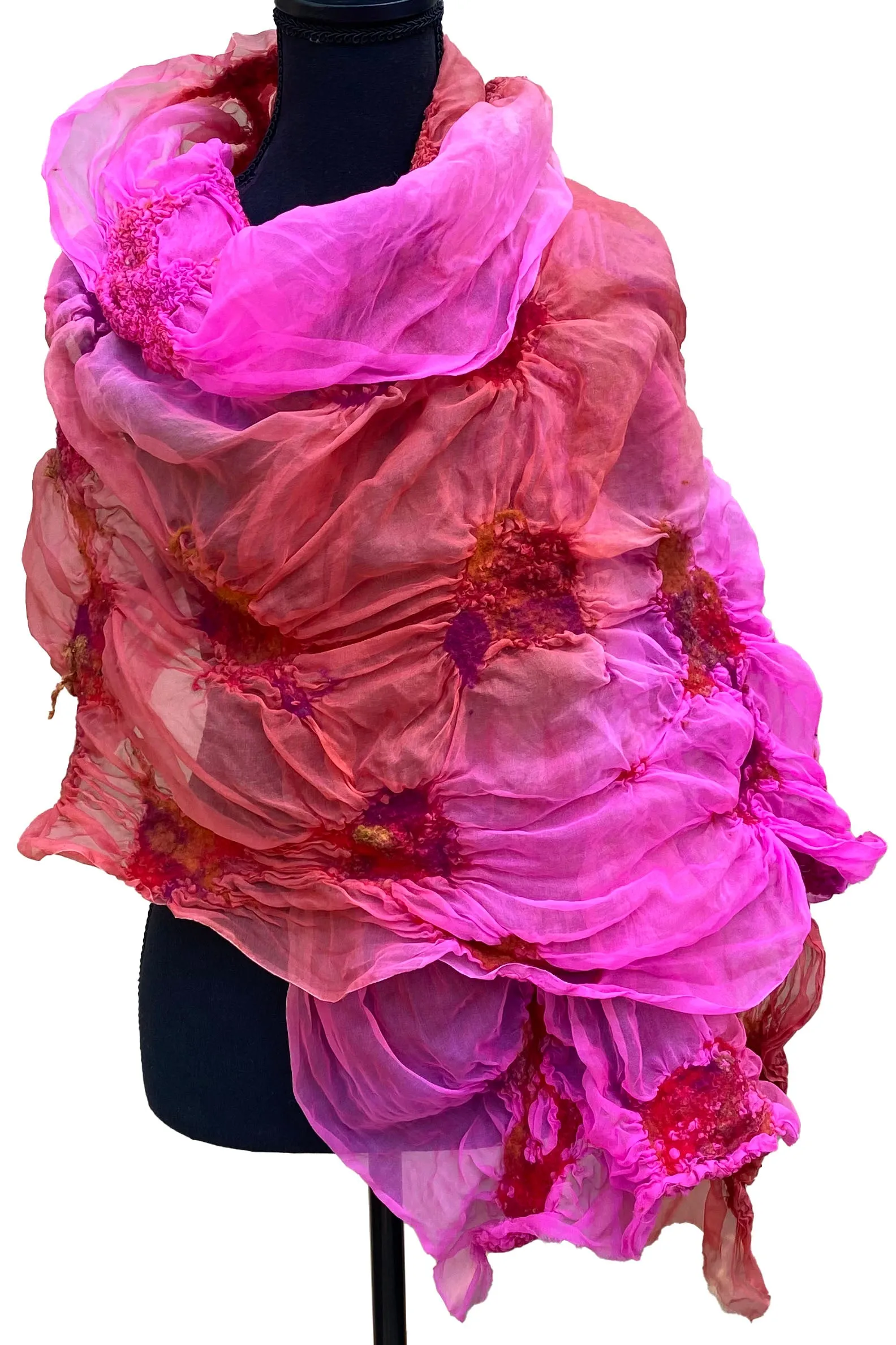 Felted Organza Shawl w/ Wallpaper Print - Pink & Orange