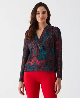 Grand Tapestry Print Cross-Front Blouse