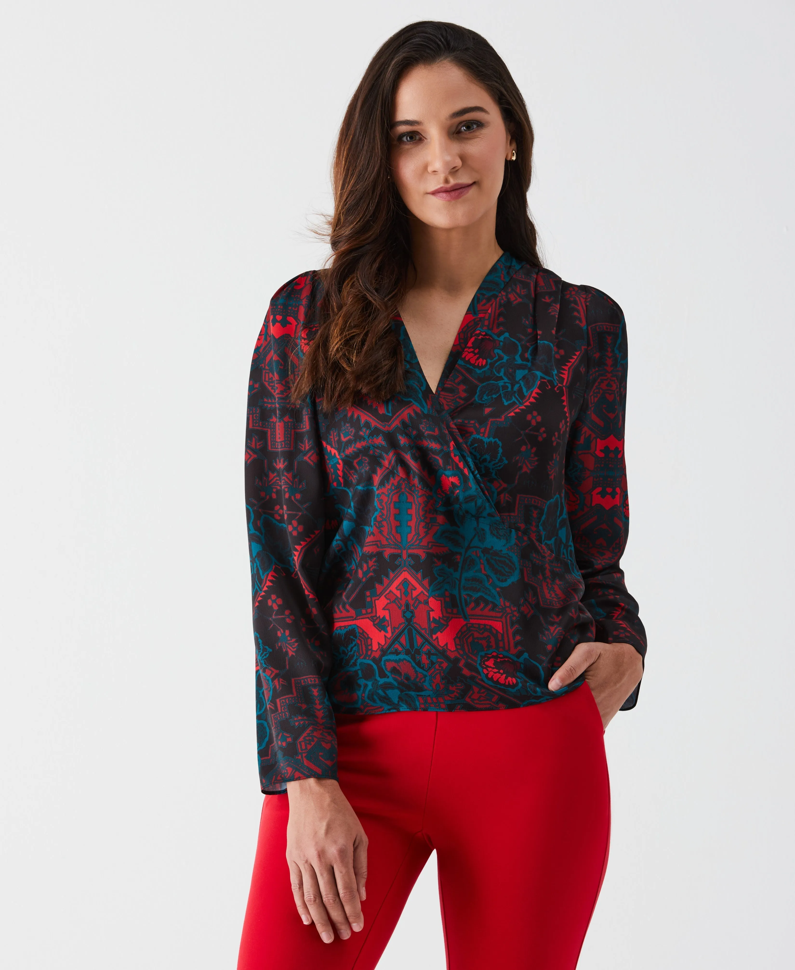 Grand Tapestry Print Cross-Front Blouse