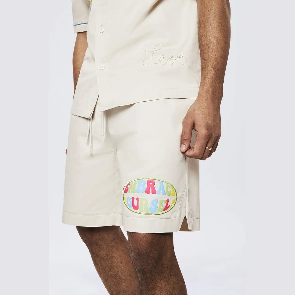 Graphic Heavy Textured Twill Shorts - Chalk