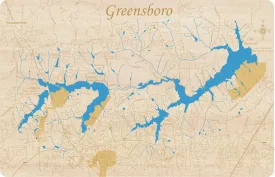 Greensboro, North Carolina with Lakes Townsend, Jeanette, Brandt and Higgins - Laser Cut Wood Map