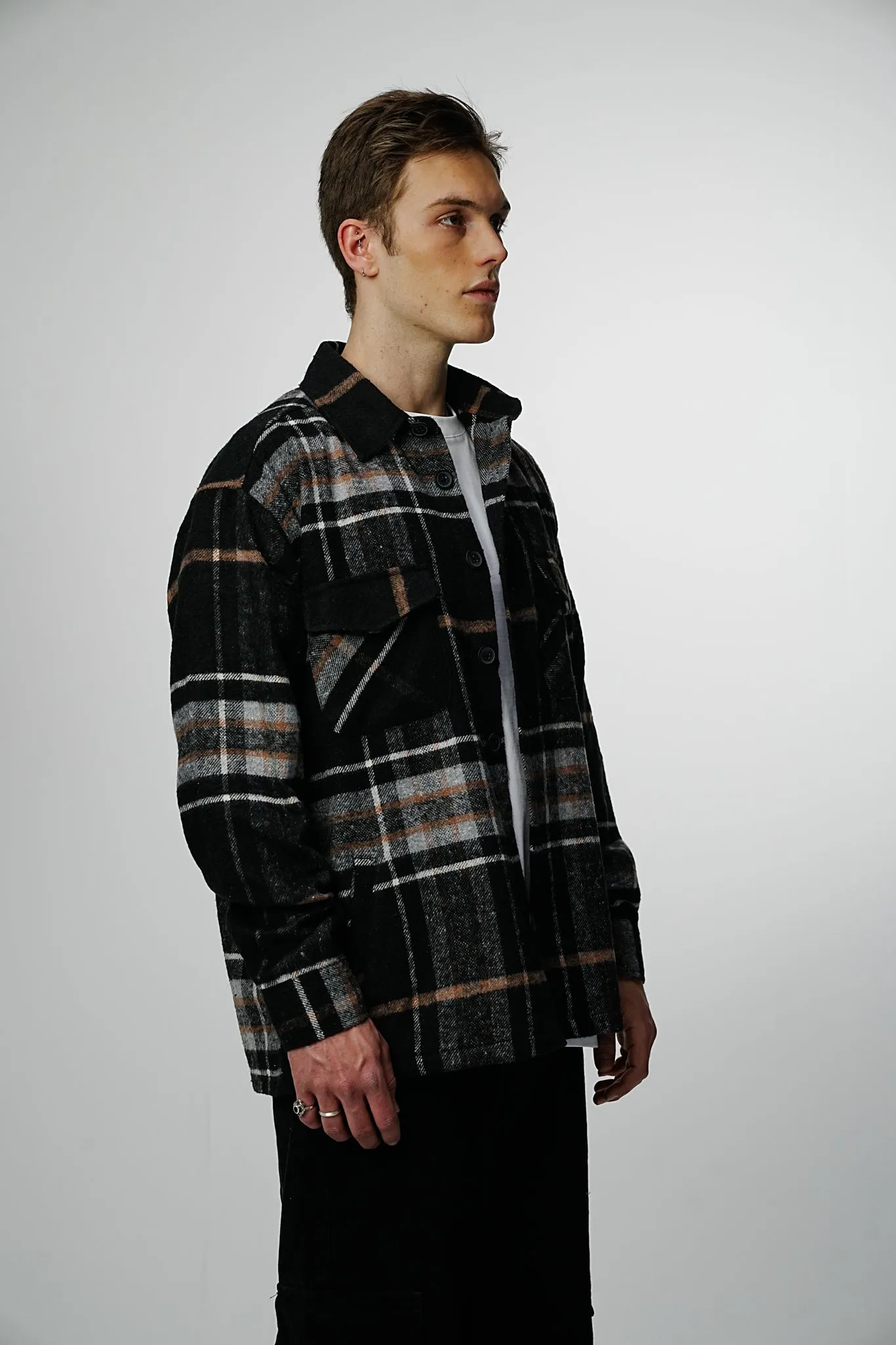 Heavy Oversized Flannel Shirt Black Woodpecker