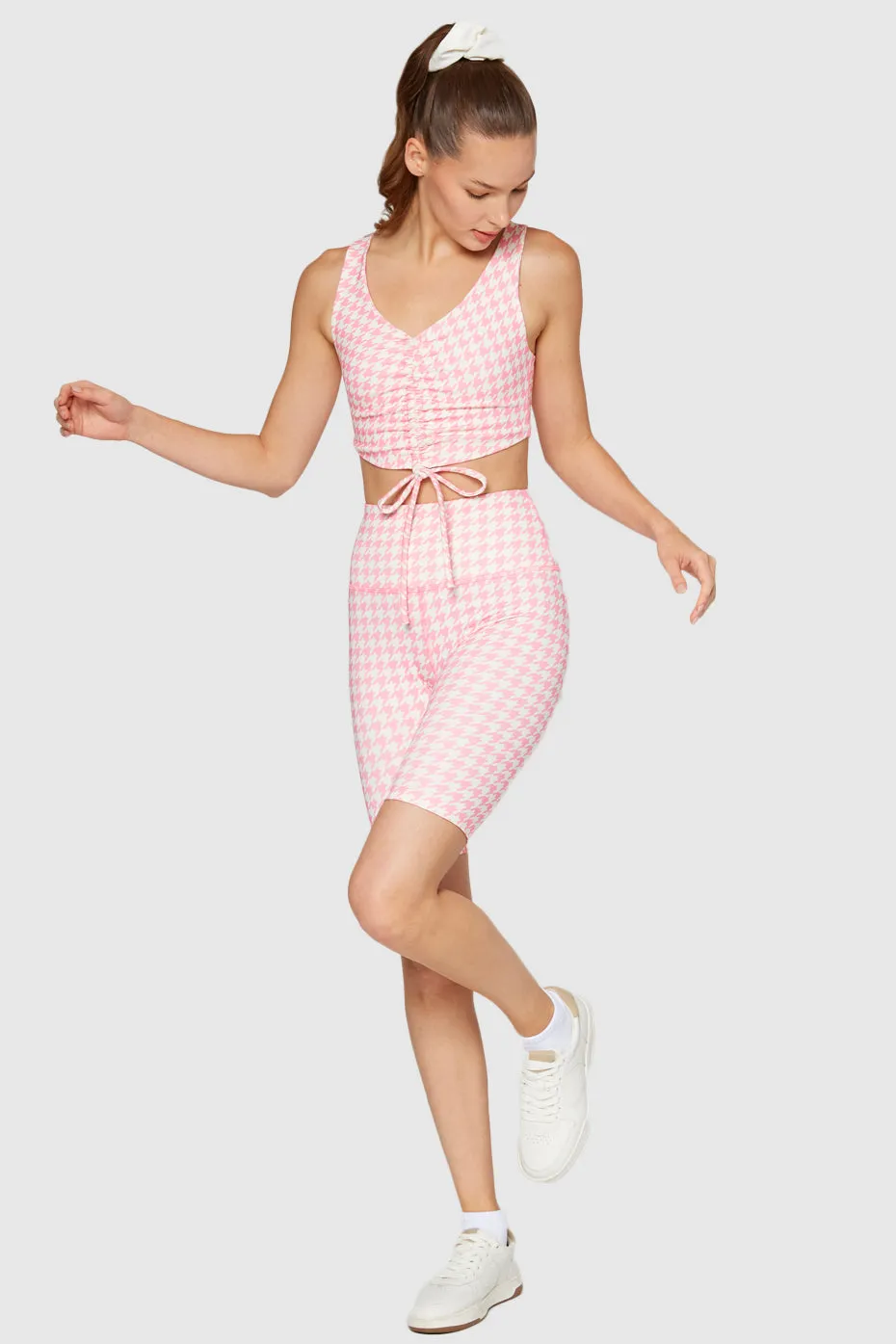 Houndstooth Cinched Drawstring Crop Top