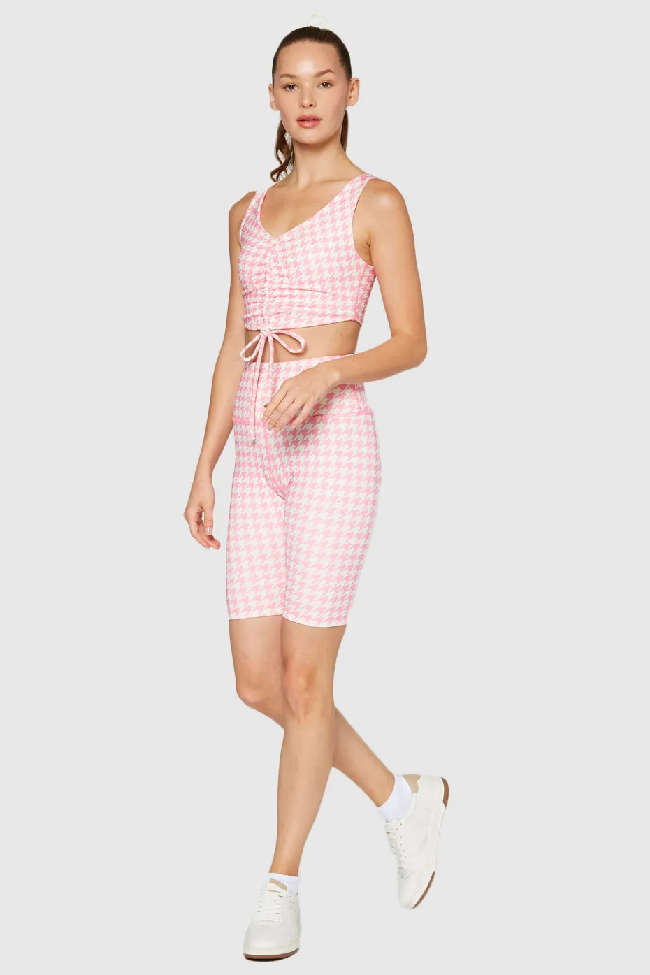 Houndstooth Cinched Drawstring Crop Top