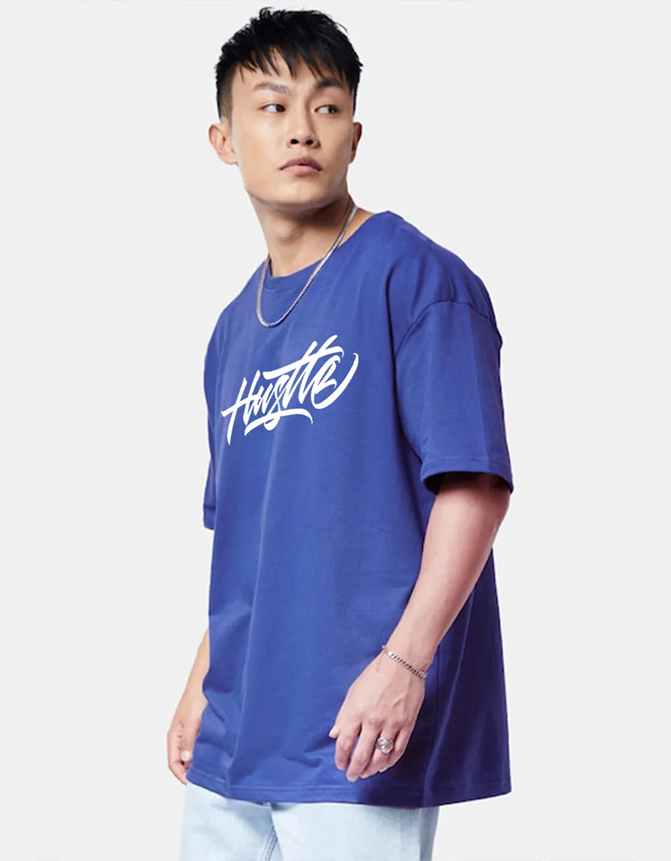 HUSTLE Blue Oversized Graphic Back Printed Tshirt