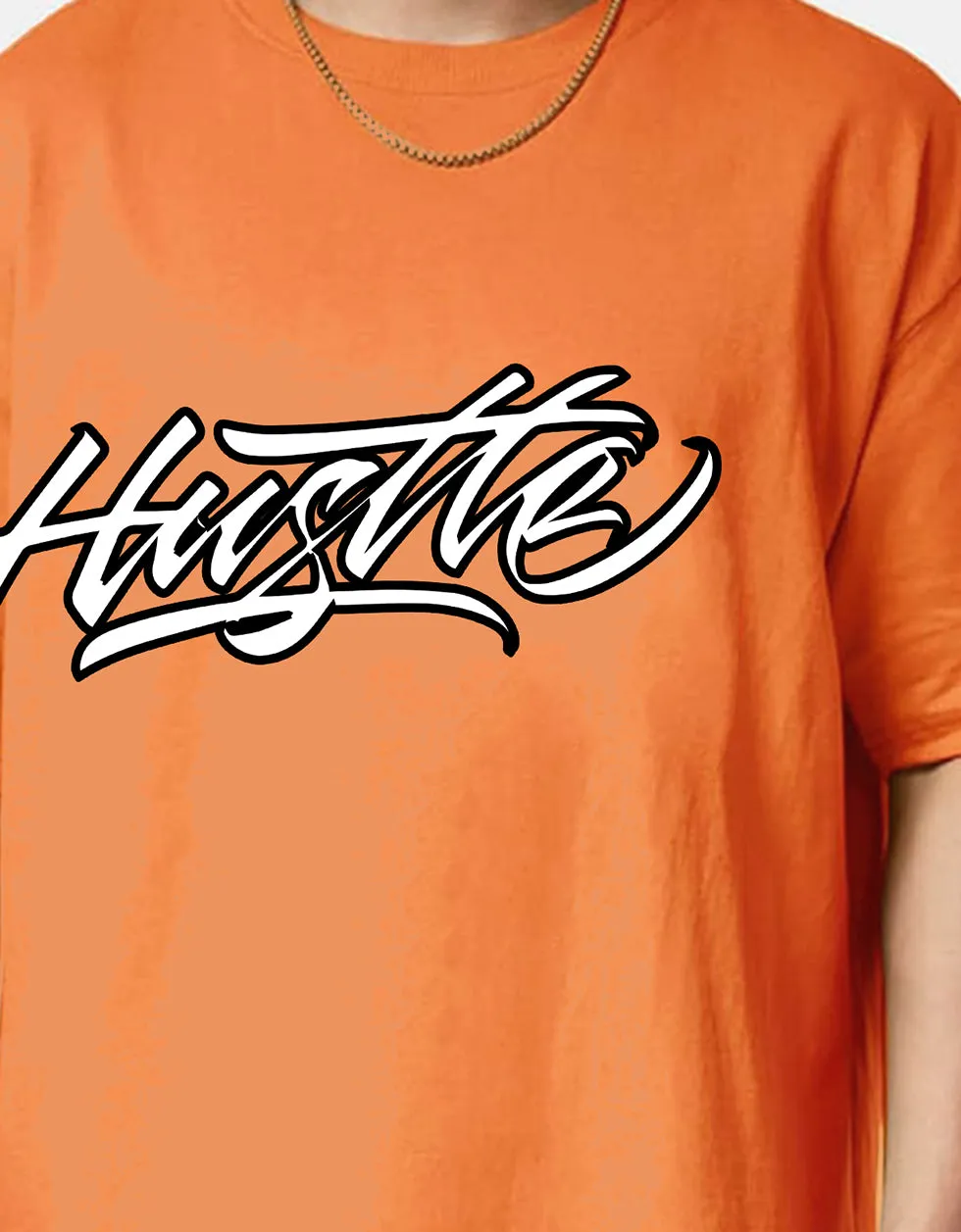 HUSTLE Orange Oversized Back Graphic Printed Tshirt