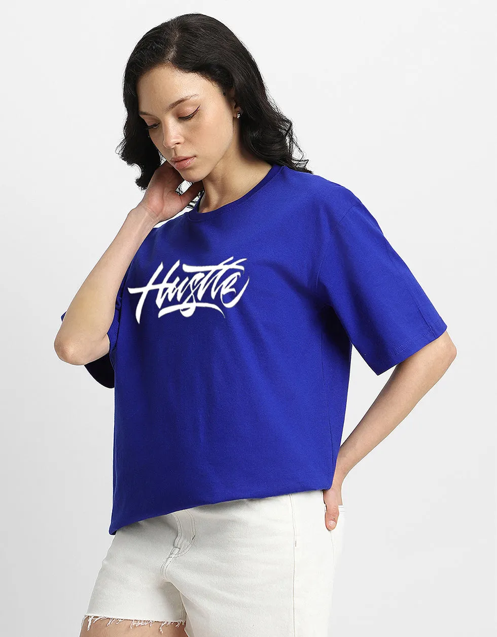 HUSTLE Women Blue Oversized Graphic Back Printed Tshirt