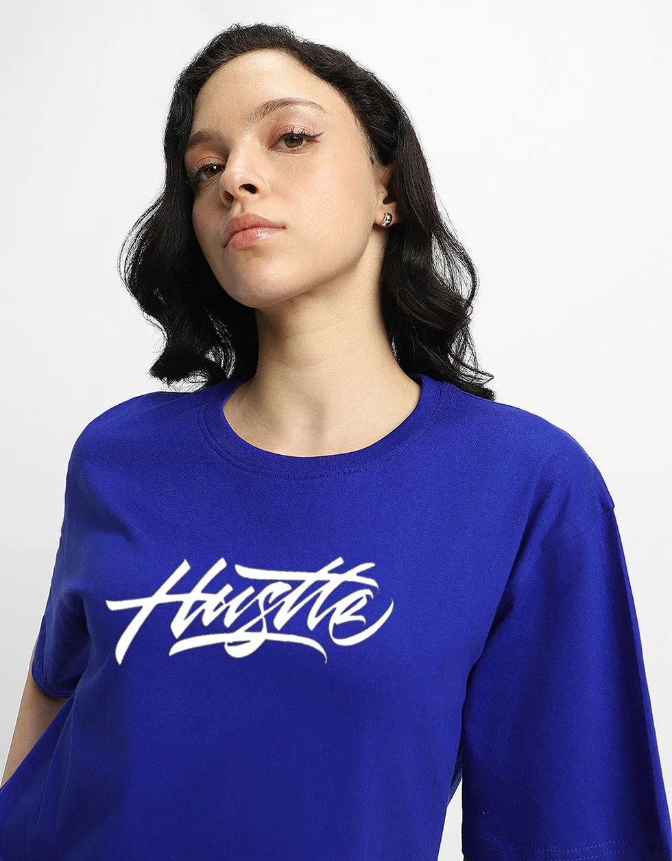 HUSTLE Women Blue Oversized Graphic Back Printed Tshirt