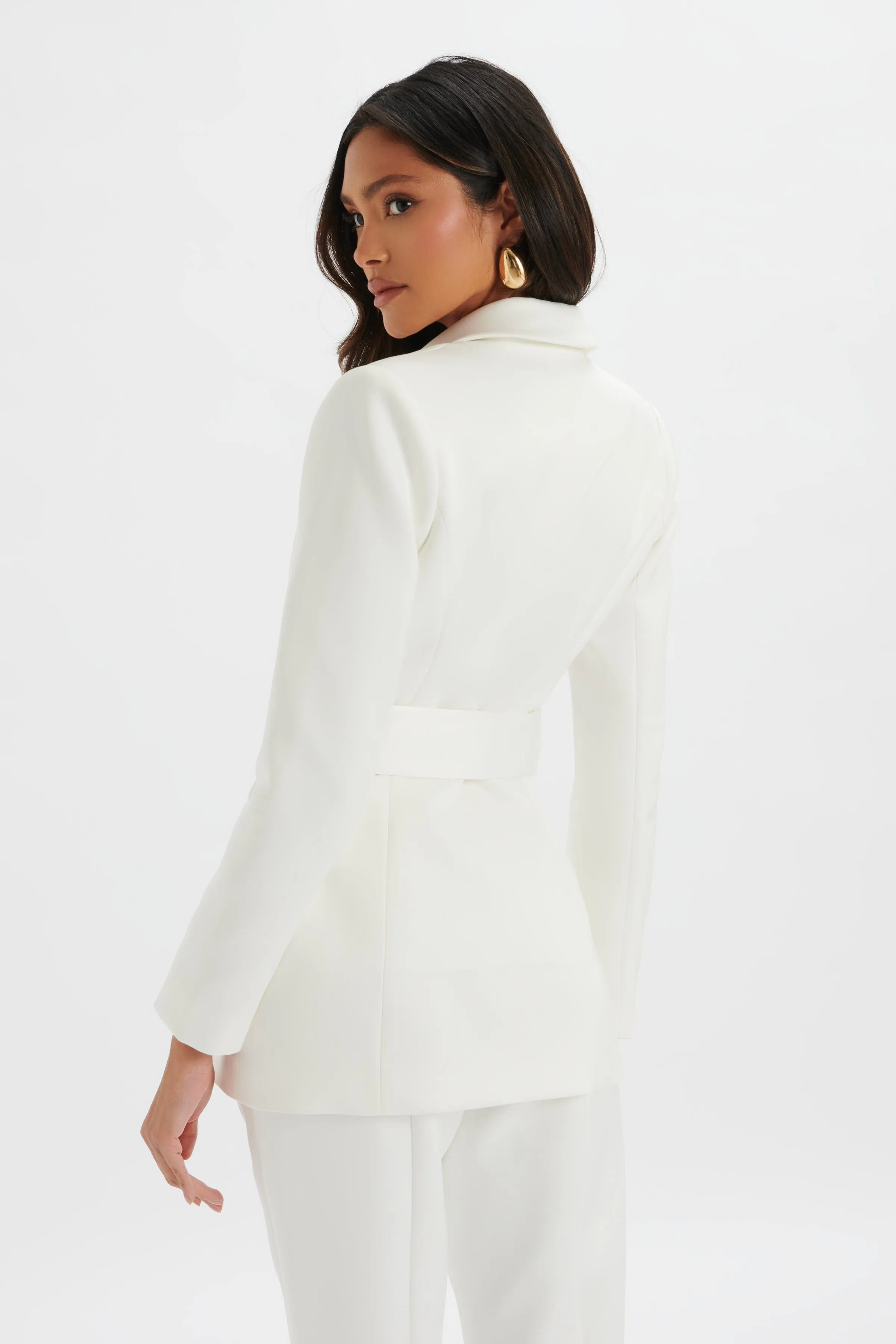 JASMIN Obi Belt Satin Blazer with Flower Detail in White