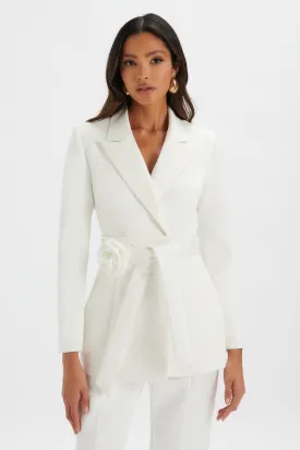 JASMIN Obi Belt Satin Blazer with Flower Detail in White