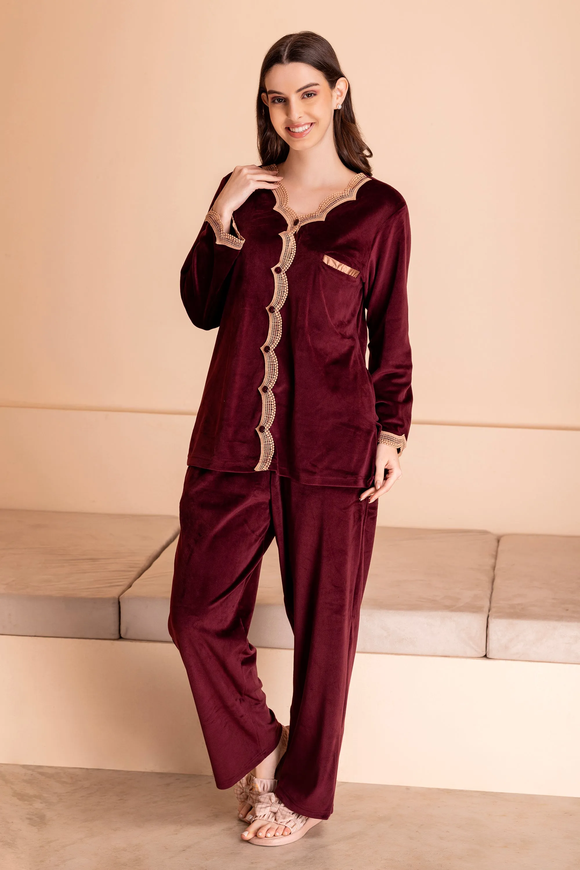 Jennifer Night suit in wine velvet