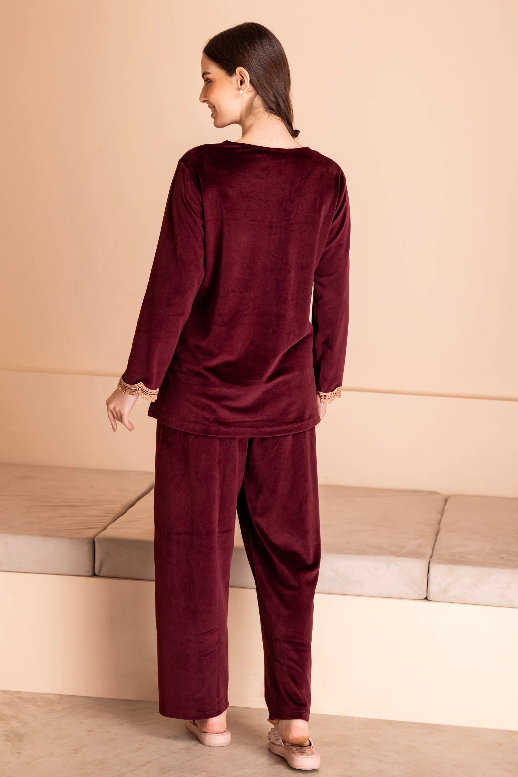 Jennifer Night suit in wine velvet