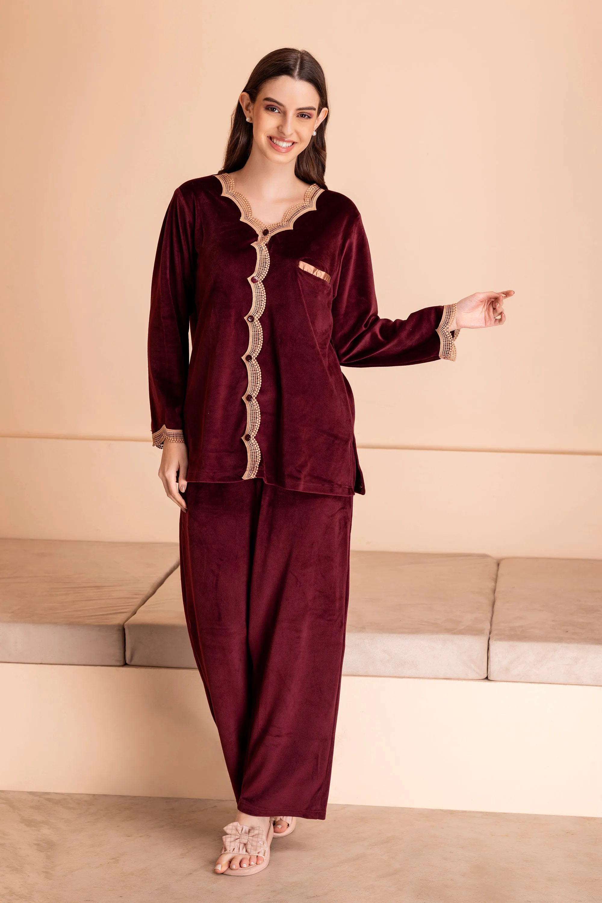 Jennifer Night suit in wine velvet