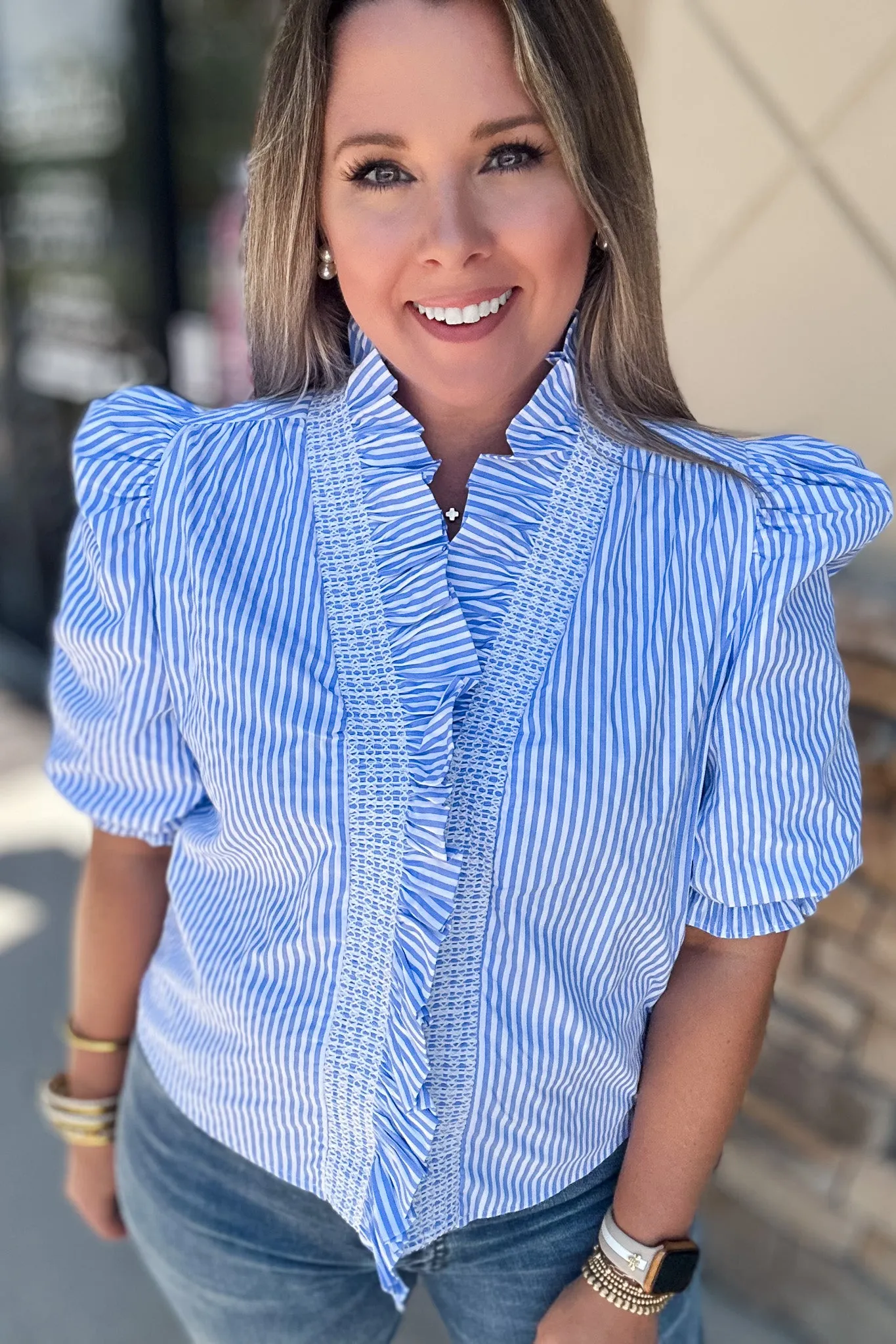 Karlie: Blue   White Ruffle Puff Sleeve Top