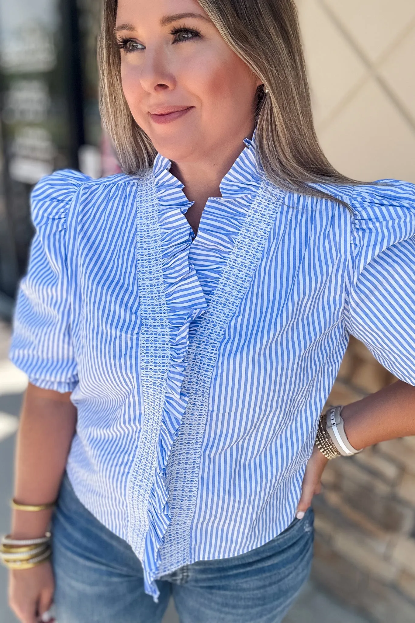 Karlie: Blue   White Ruffle Puff Sleeve Top