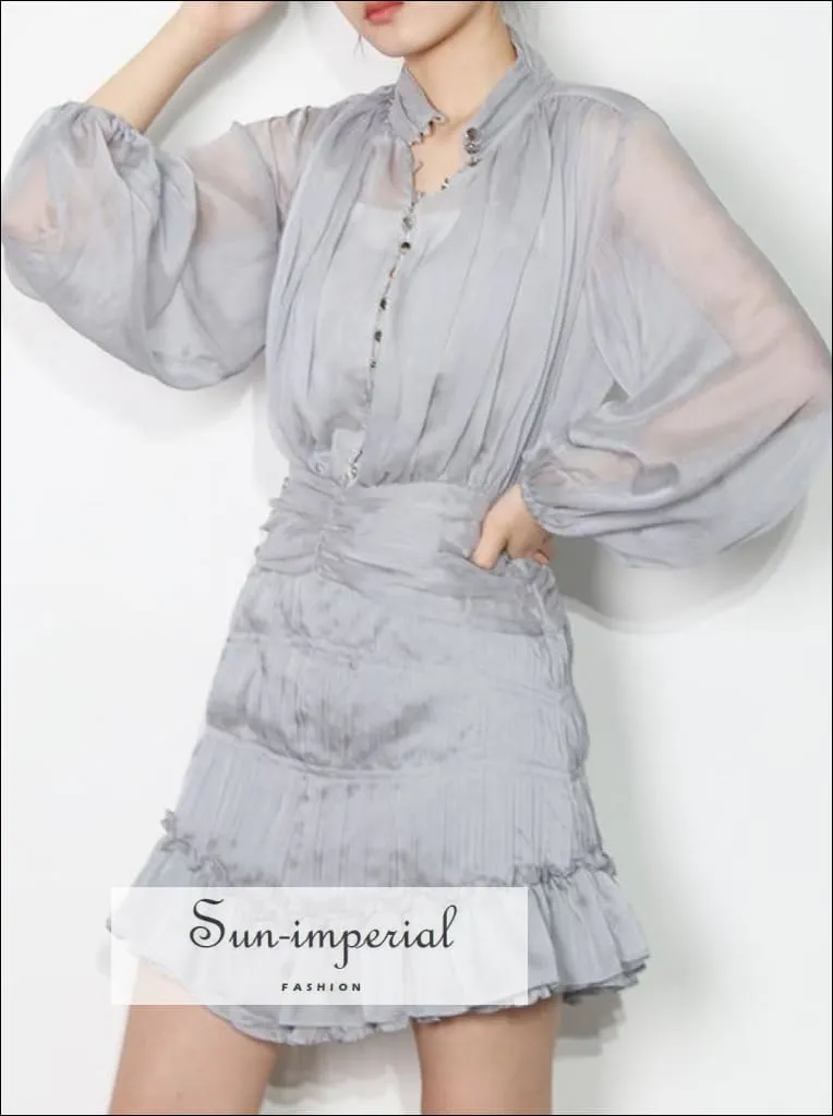 Light Gray Bishop Sheer Long Sleeve Buttoned A-line Layered Mini Dress with Stand Collar and