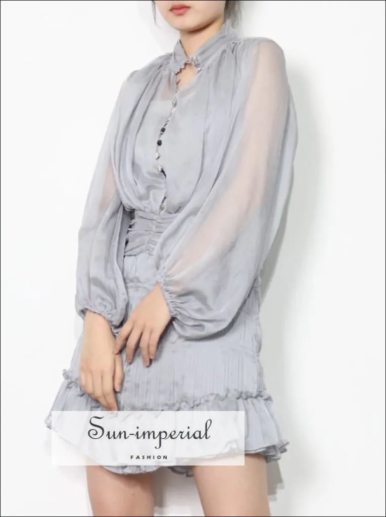 Light Gray Bishop Sheer Long Sleeve Buttoned A-line Layered Mini Dress with Stand Collar and