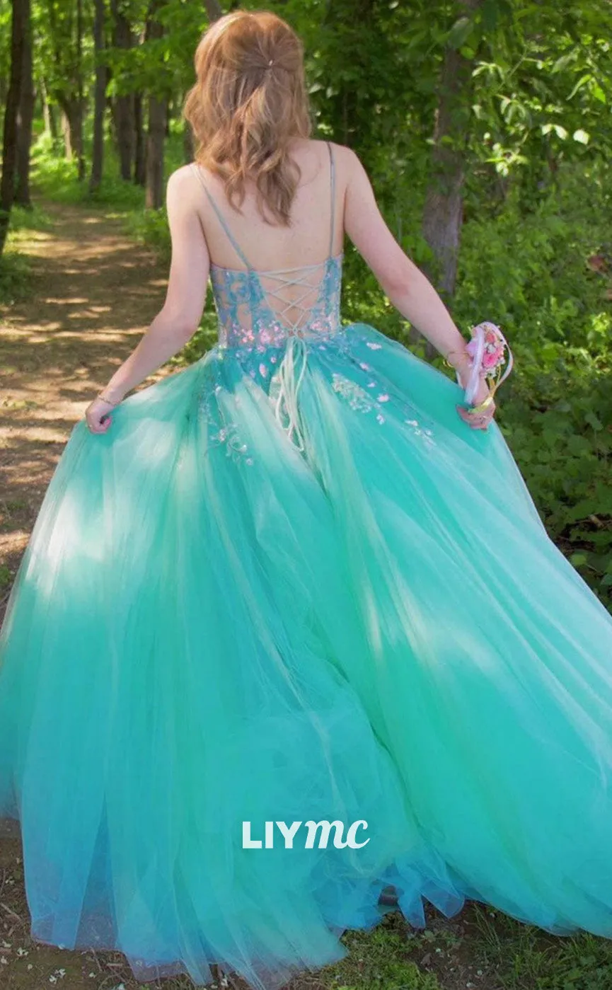 LP1897 - Sweetheart Spaghetti Straps Appliques Tulle Lace Long Prom Dress, Green Formal Dress