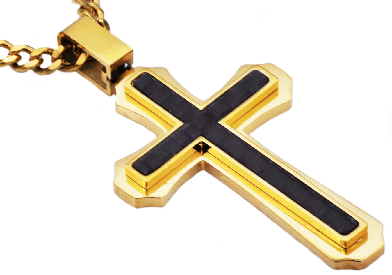 Mens Carbon Fiber Gold Stainless Steel Cross Pendant