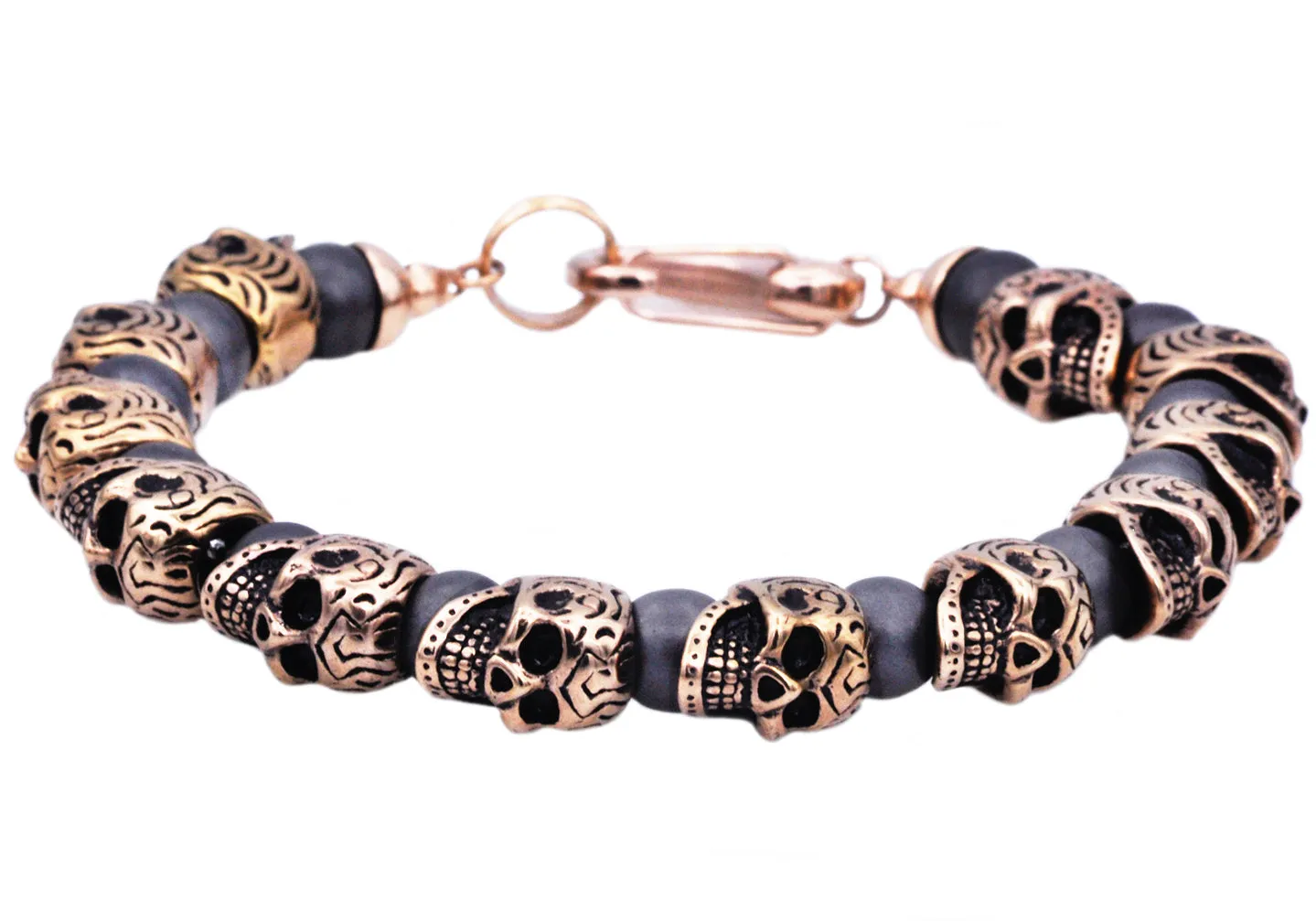 Mens Genuine Hematite Rose Stainless Steel Skull Beaded Bracelet