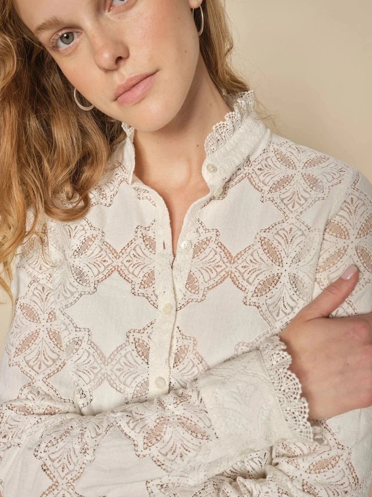 Mos Mosh Jetta High Neck Lace Blouse In Cream