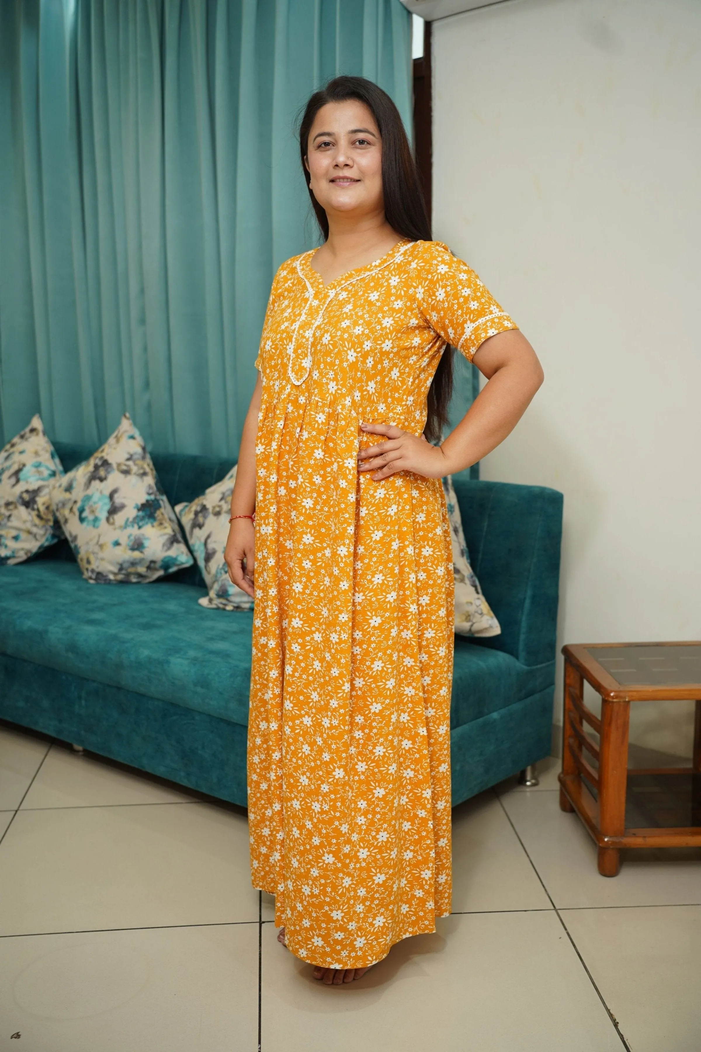 Mustard Floral Rayon Night Gown