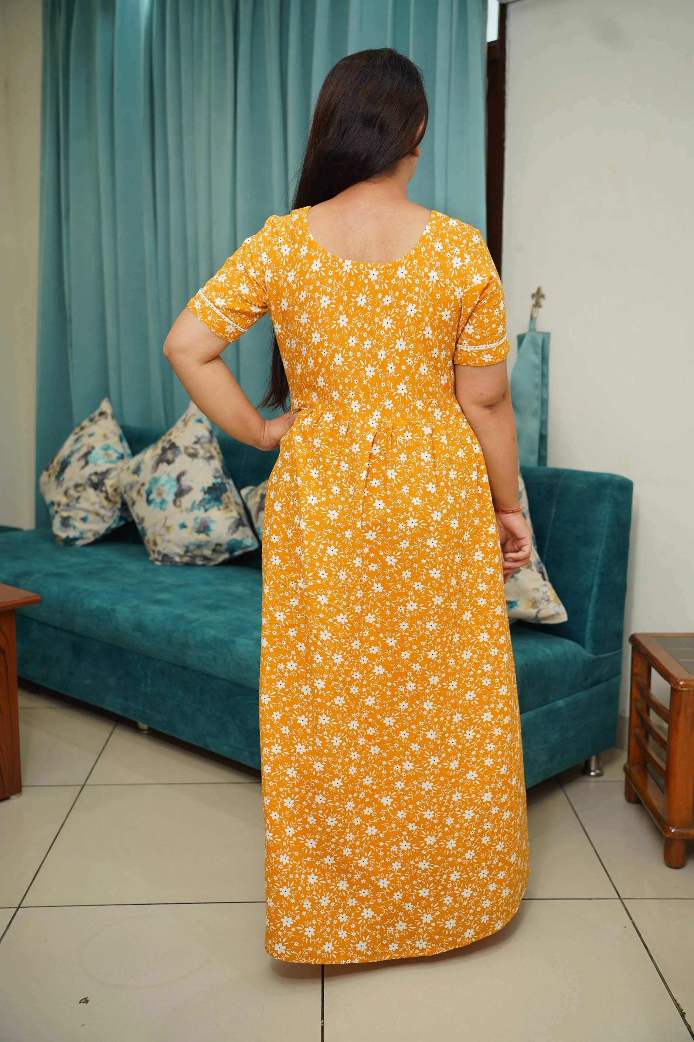 Mustard Floral Rayon Night Gown