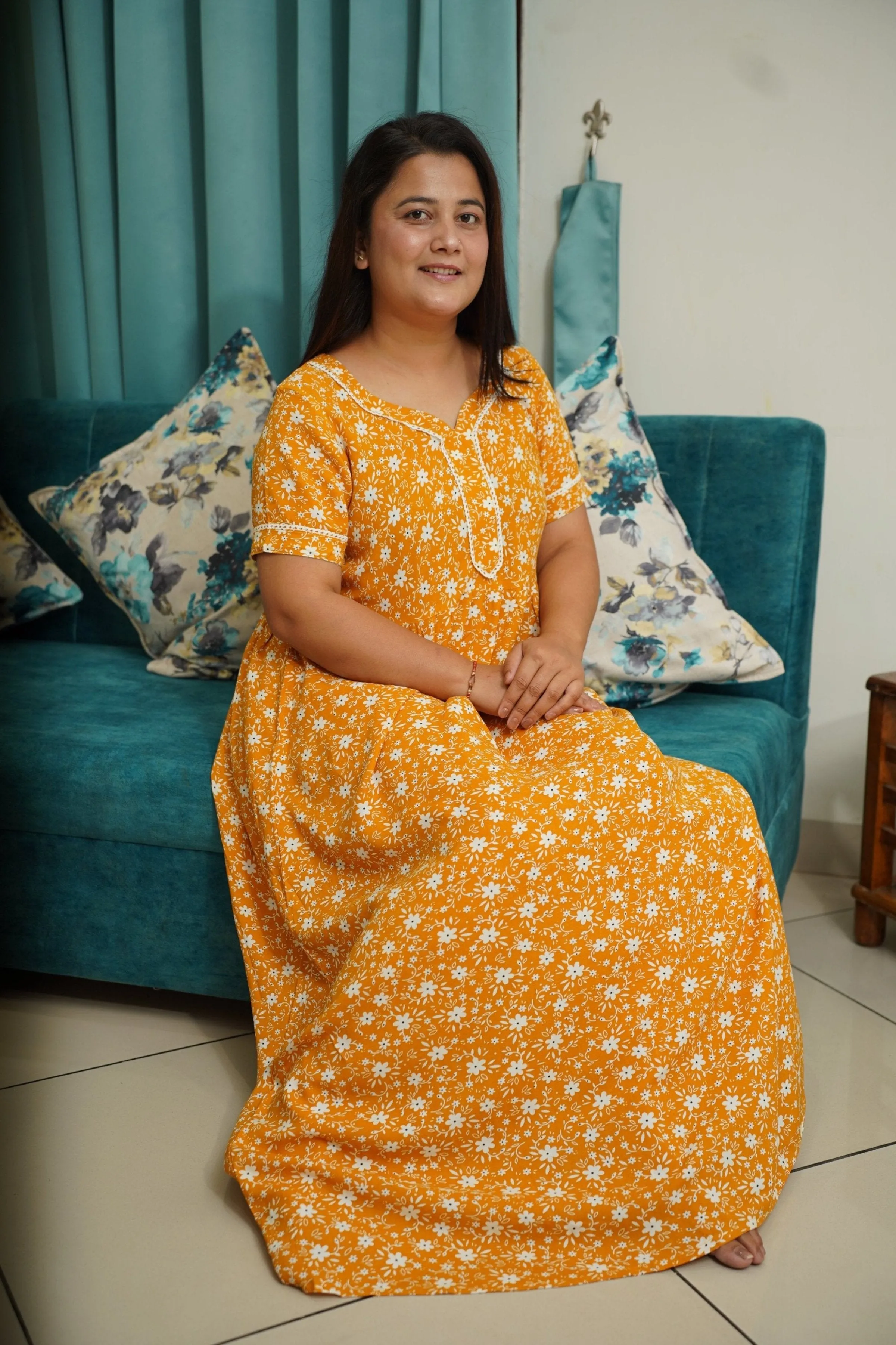 Mustard Floral Rayon Night Gown