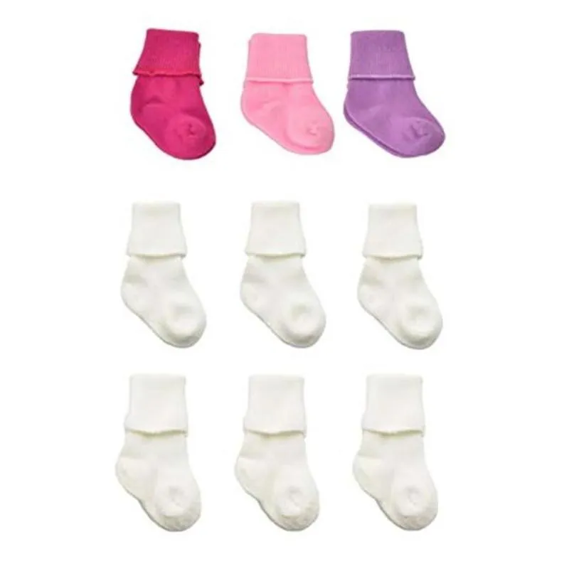 Newborn Unisex Booties, Combed Cotton Turn-Cuff Sock, Ultra Soft Infant Socks, 6 Pair White, PLUS 1 Pair Grape, 1 Pair Lilac, 1 Pair Candy Pink