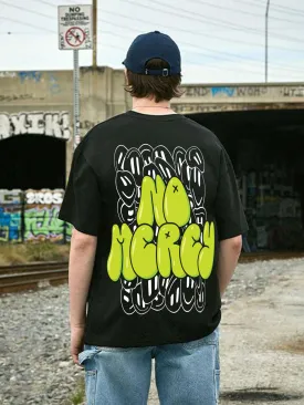 NO MERCY Black Back Oversized Typographic Printed Tshirt