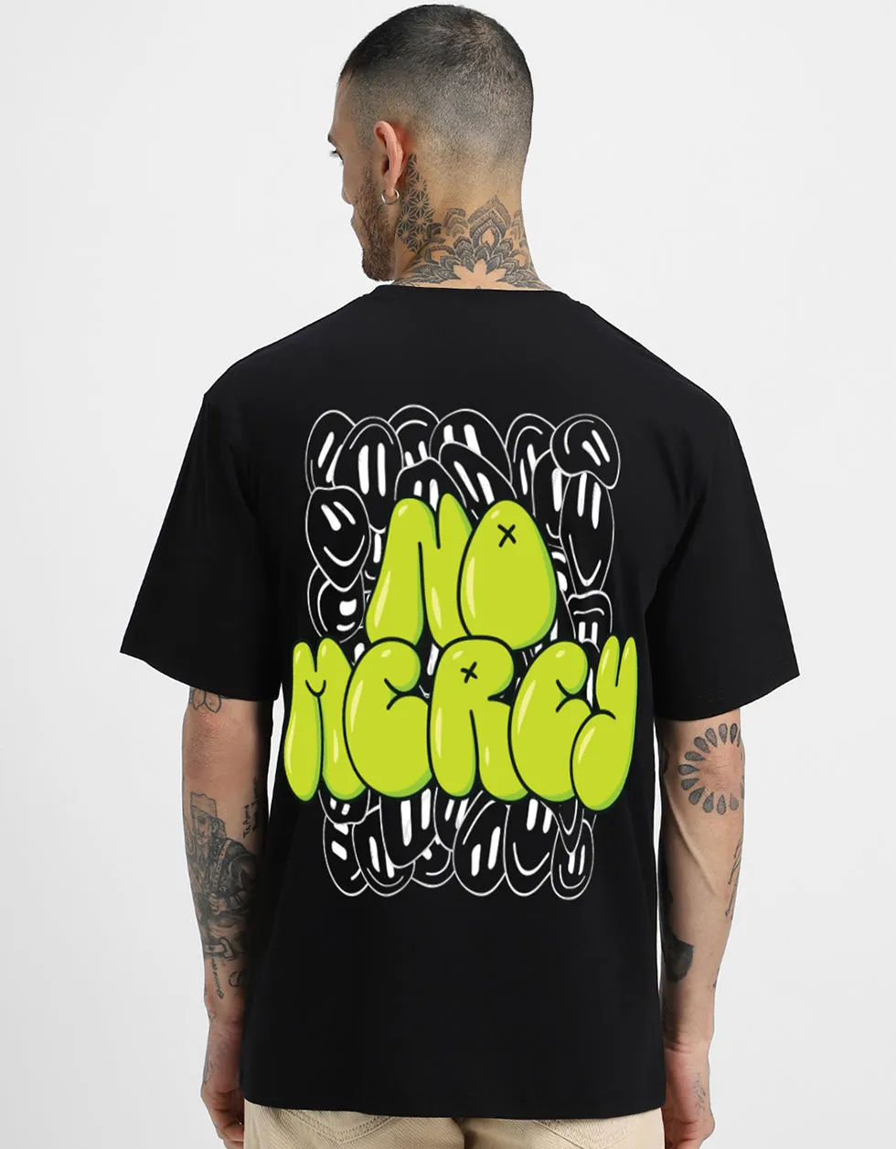 NO MERCY Black Back Oversized Typographic Printed Tshirt