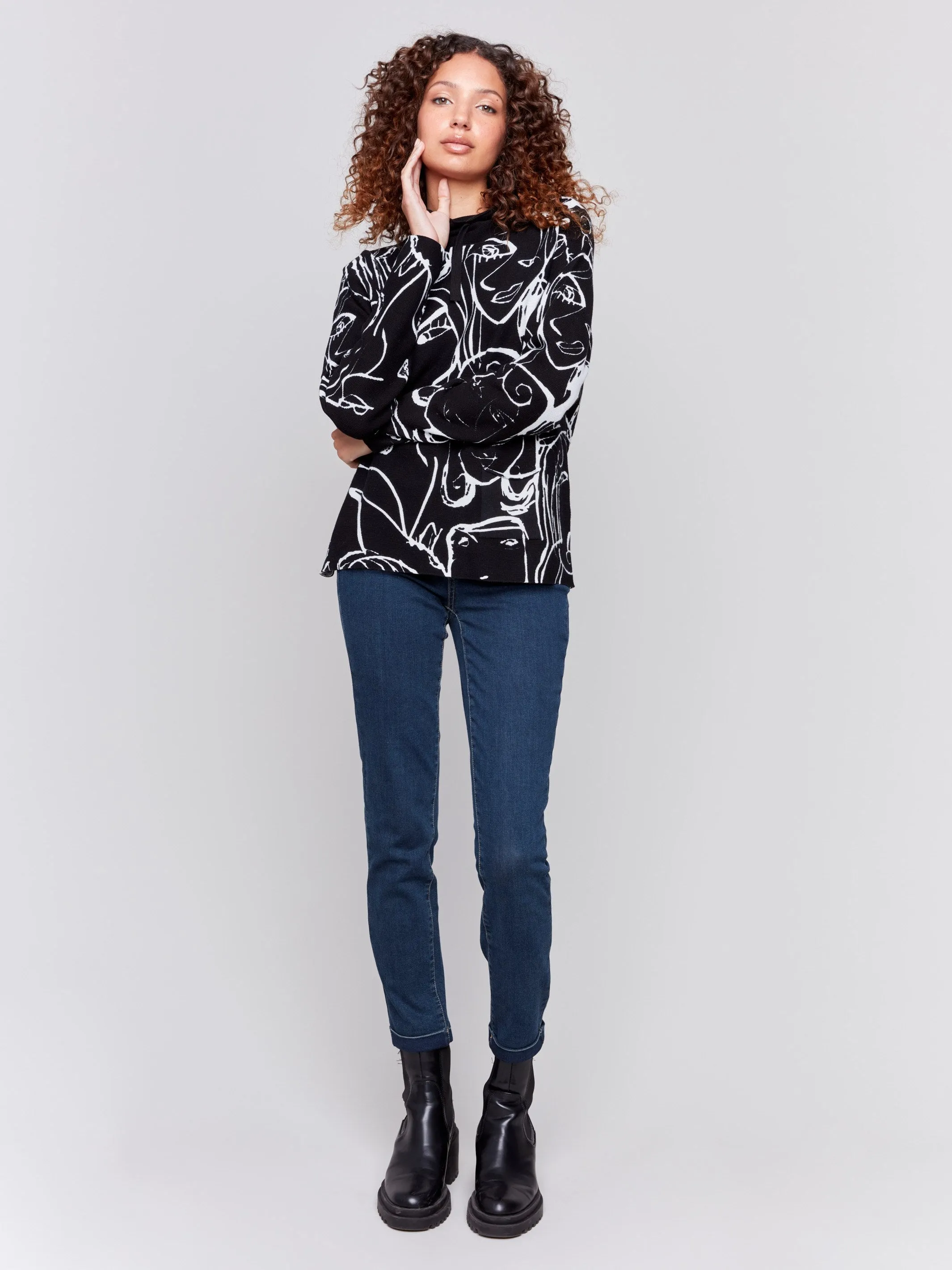 Printed Ottoman Cotton Funnel Neck Sweater - Faces