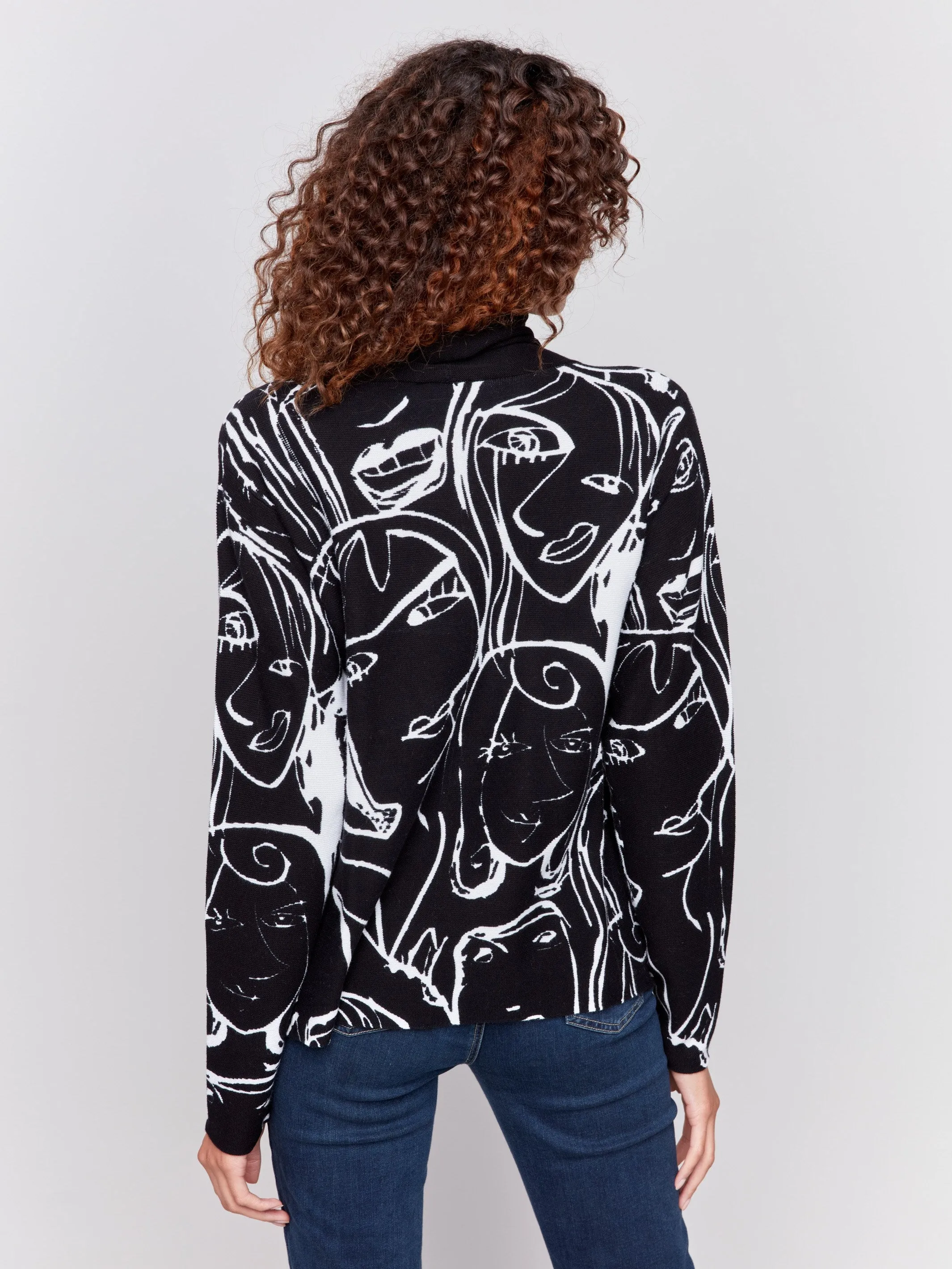 Printed Ottoman Cotton Funnel Neck Sweater - Faces