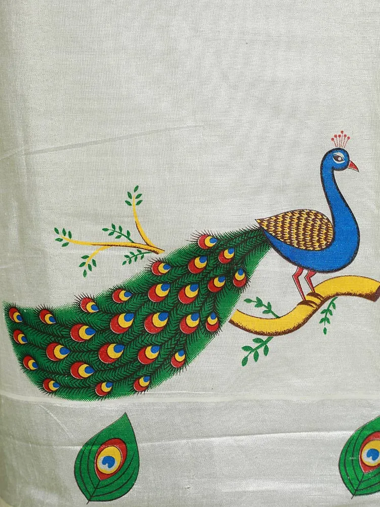 "Kerala Silver Tissue Churidar Material - Peacock & Mural Design"