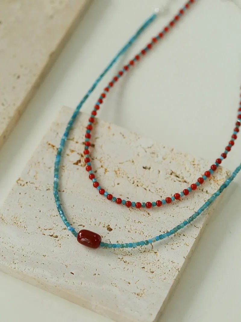 Red Onyx Splicing Blue Phosphorus Beaded Necklace