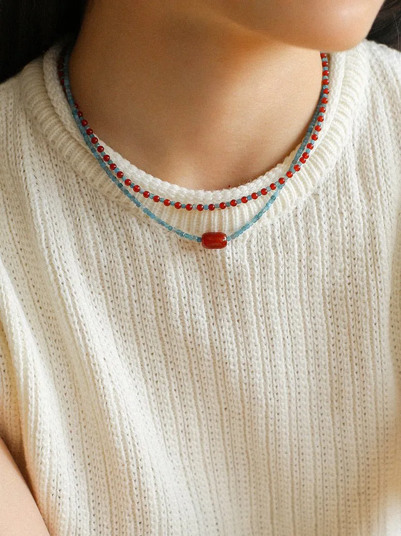 Red Onyx Splicing Blue Phosphorus Beaded Necklace