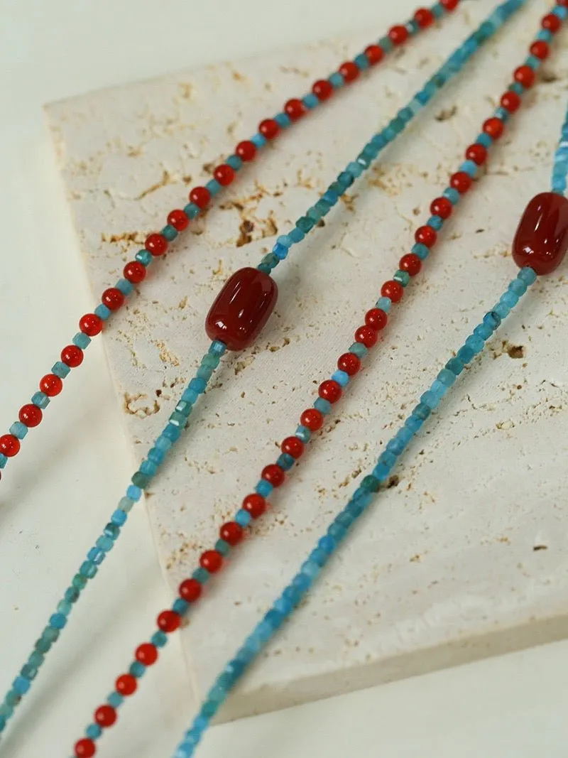 Red Onyx Splicing Blue Phosphorus Beaded Necklace