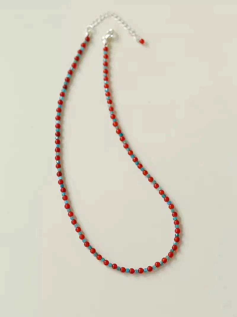 Red Onyx Splicing Blue Phosphorus Beaded Necklace