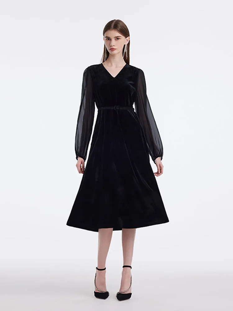 Silk Blend Patchwork V-Neck Women Midi Velvet Dress With Belt