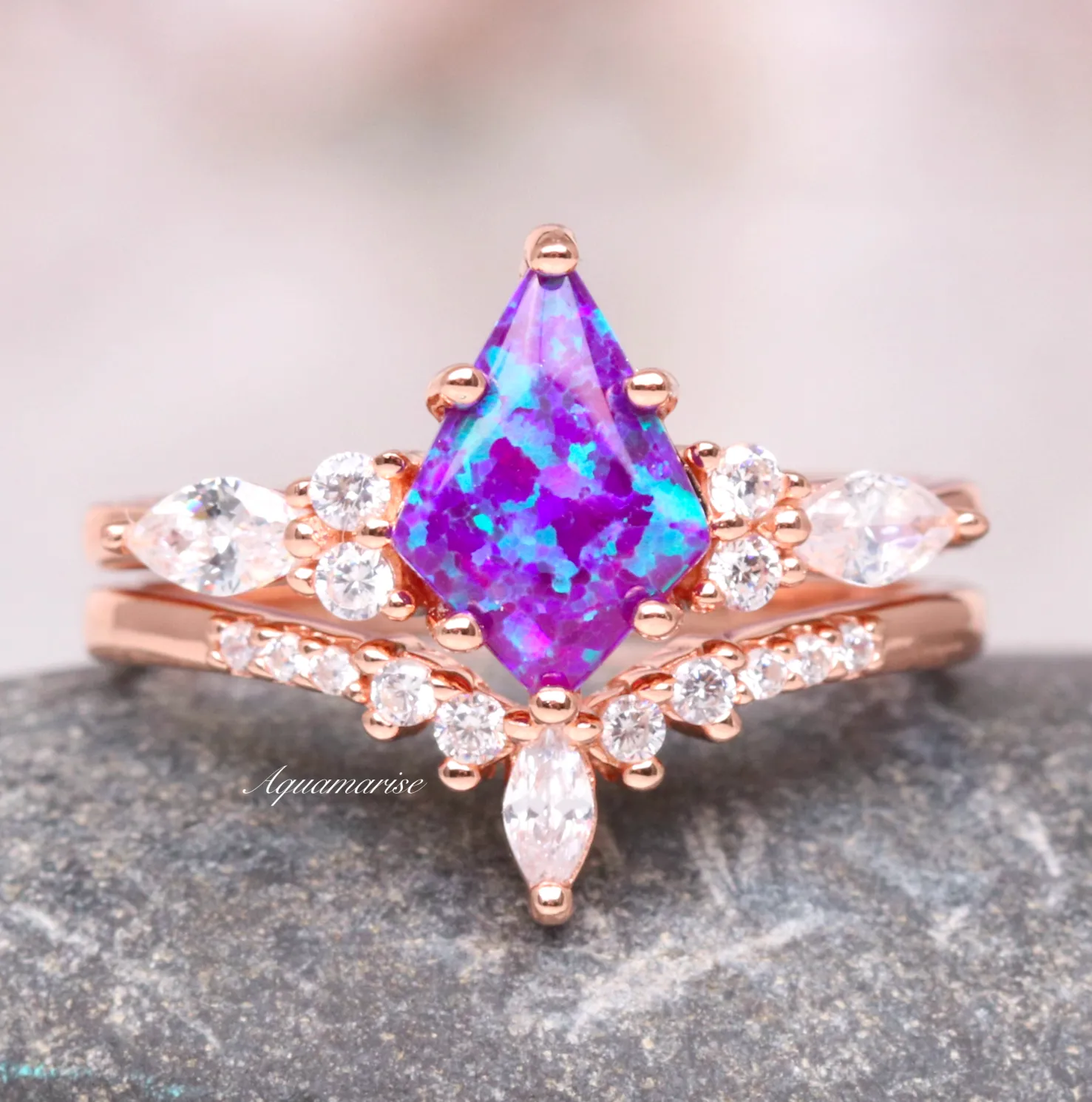 Skye Lavender Fire Opal Ring Set- 14K Rose Gold Vermeil