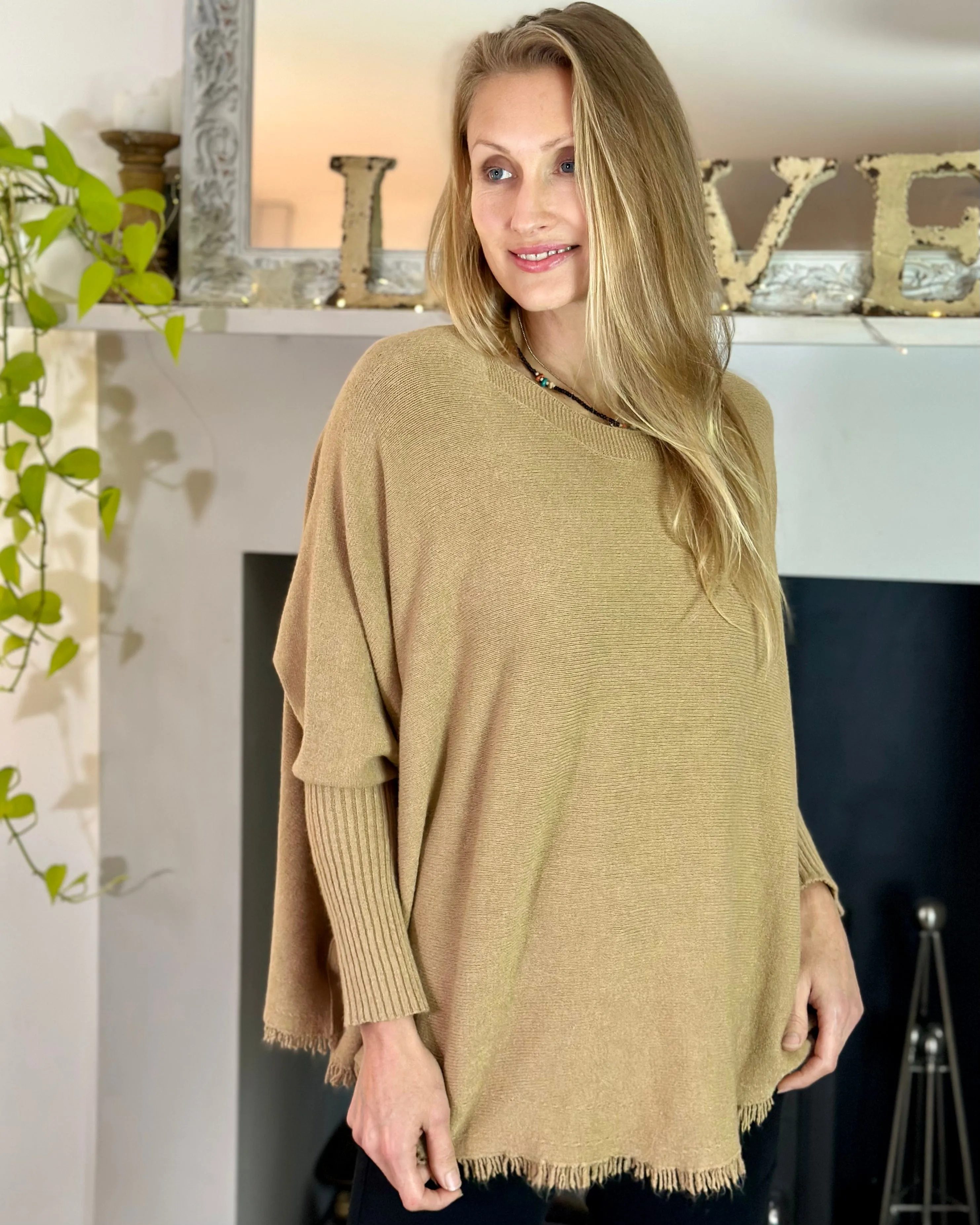 Slash Neck Fringed Poncho Jumper - Coffee