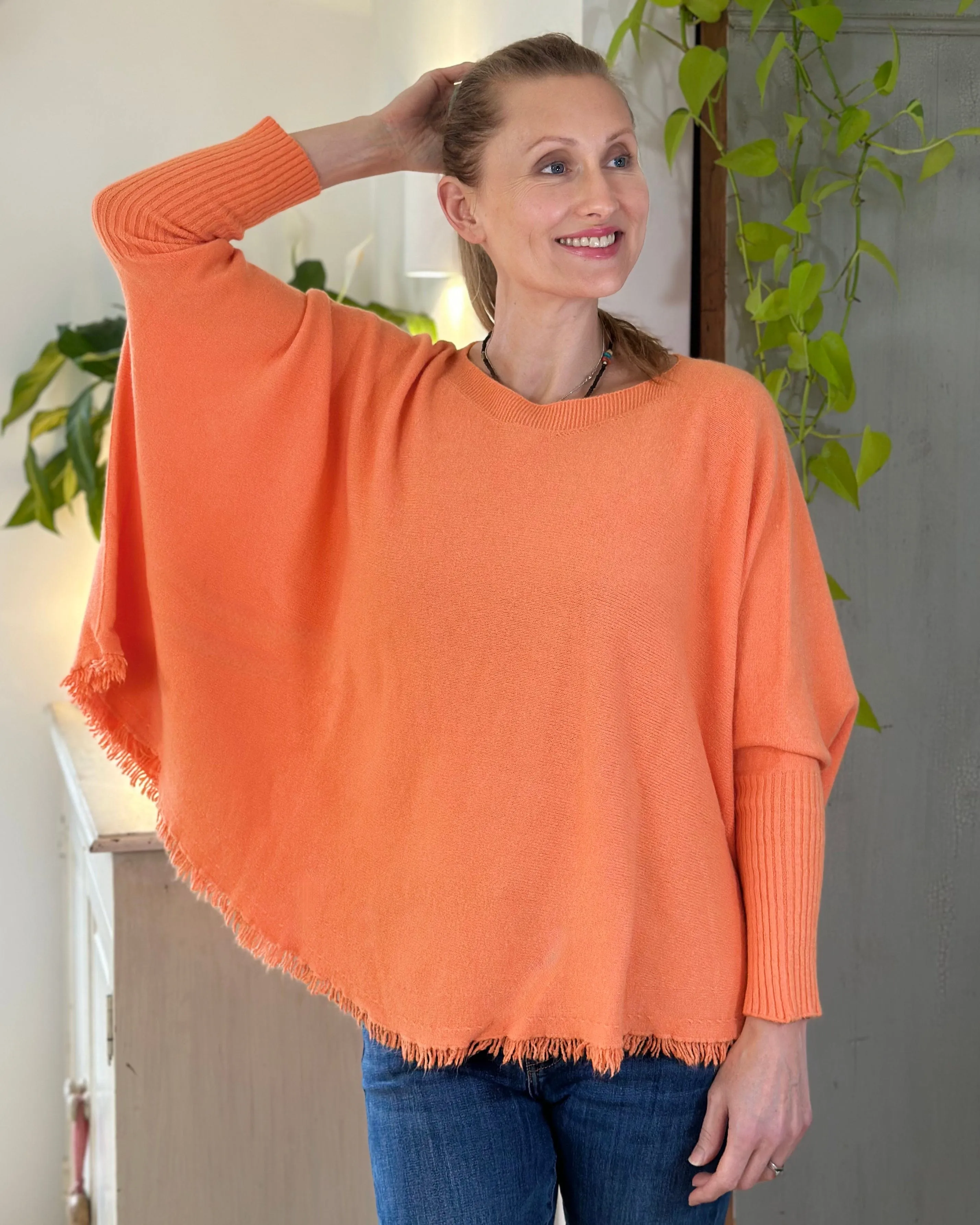 Slash Neck Fringed Poncho Jumper - Soft Orange