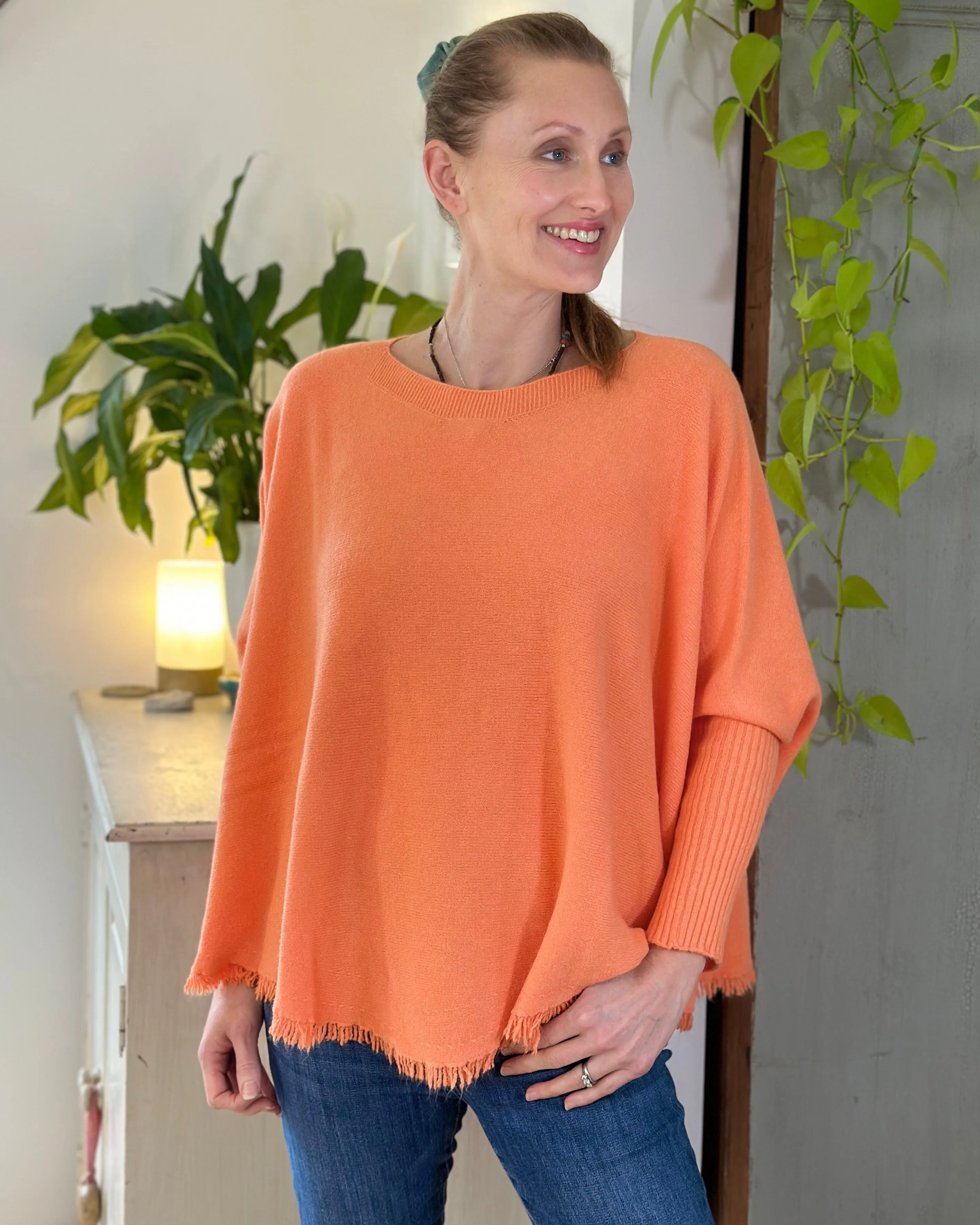 Slash Neck Fringed Poncho Jumper - Soft Orange