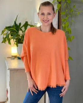 Slash Neck Fringed Poncho Jumper - Soft Orange